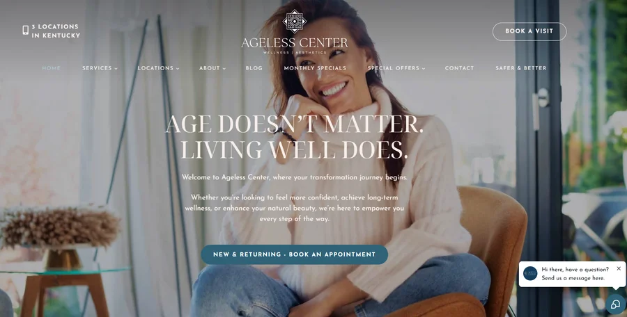 Ageless Center homepage featuring its wellness and aesthetics services.