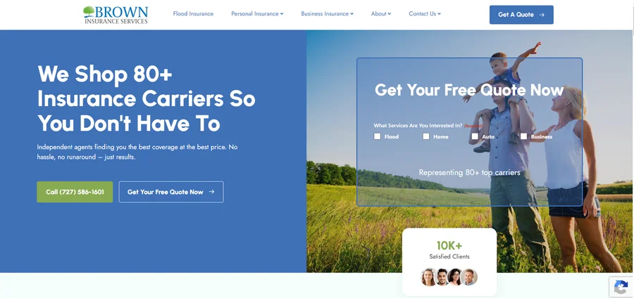 Brown Insurance Services homepage with insurance services and a quote request form.